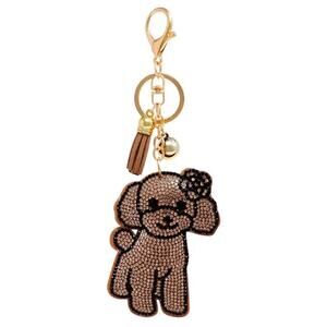 Bling Crystal Brown Dog with Flower Tassel Keychain Bag Charm